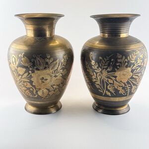 XL Brass Vase Pair 11” Etched Floral Engraved Vintage Decor Boho Eclectic Lot